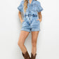 Washed Denim Snap Button Front Romper / BIC60812: S-M-L (2-2-2) / LT DENIM