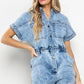 Washed Denim Snap Button Front Romper / BIC60812: S-M-L (2-2-2) / LT DENIM