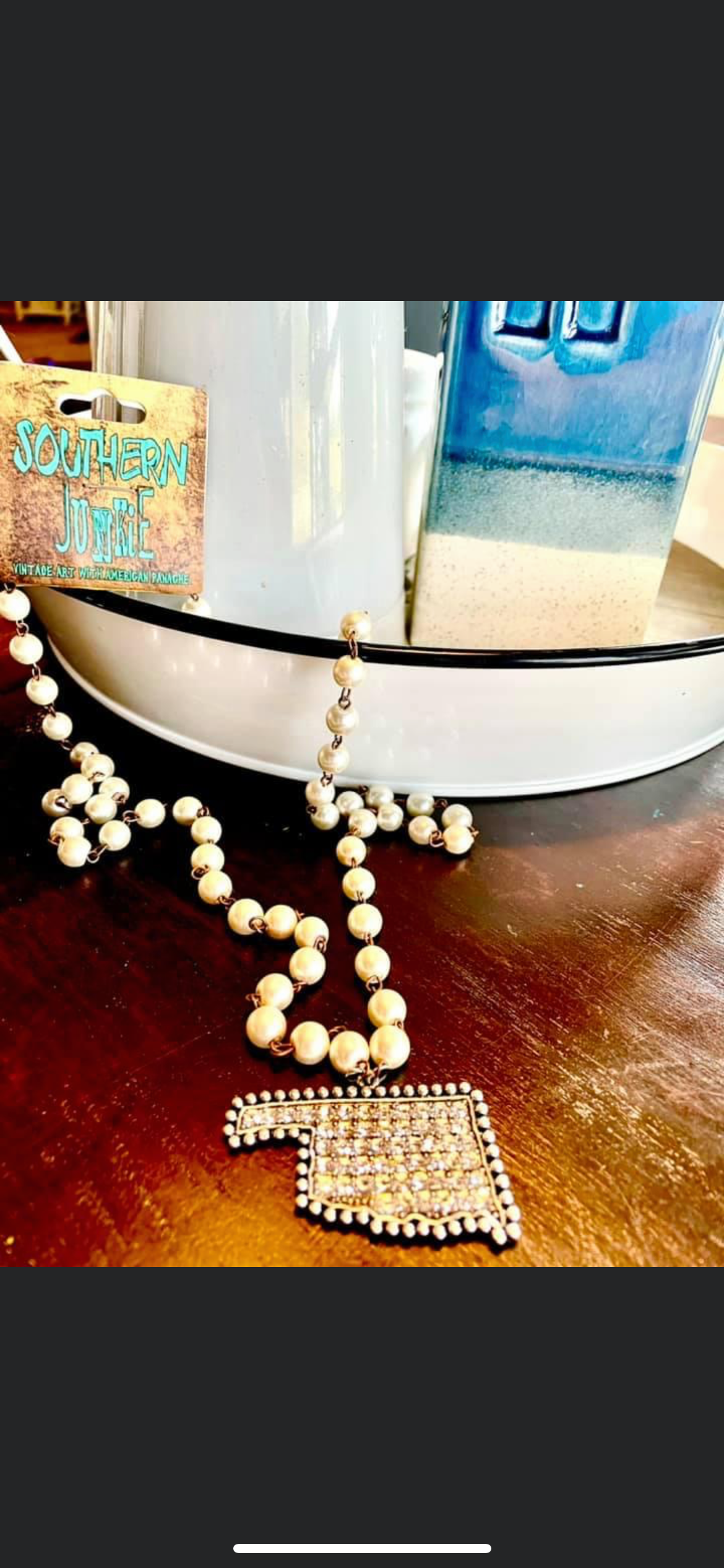 Faux pearls and rhinestoned Oklahoma necklace